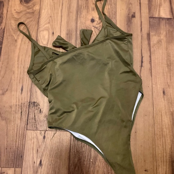 Olive Green Tie Front Cut Out Swimsuit - Picture 4 of 11